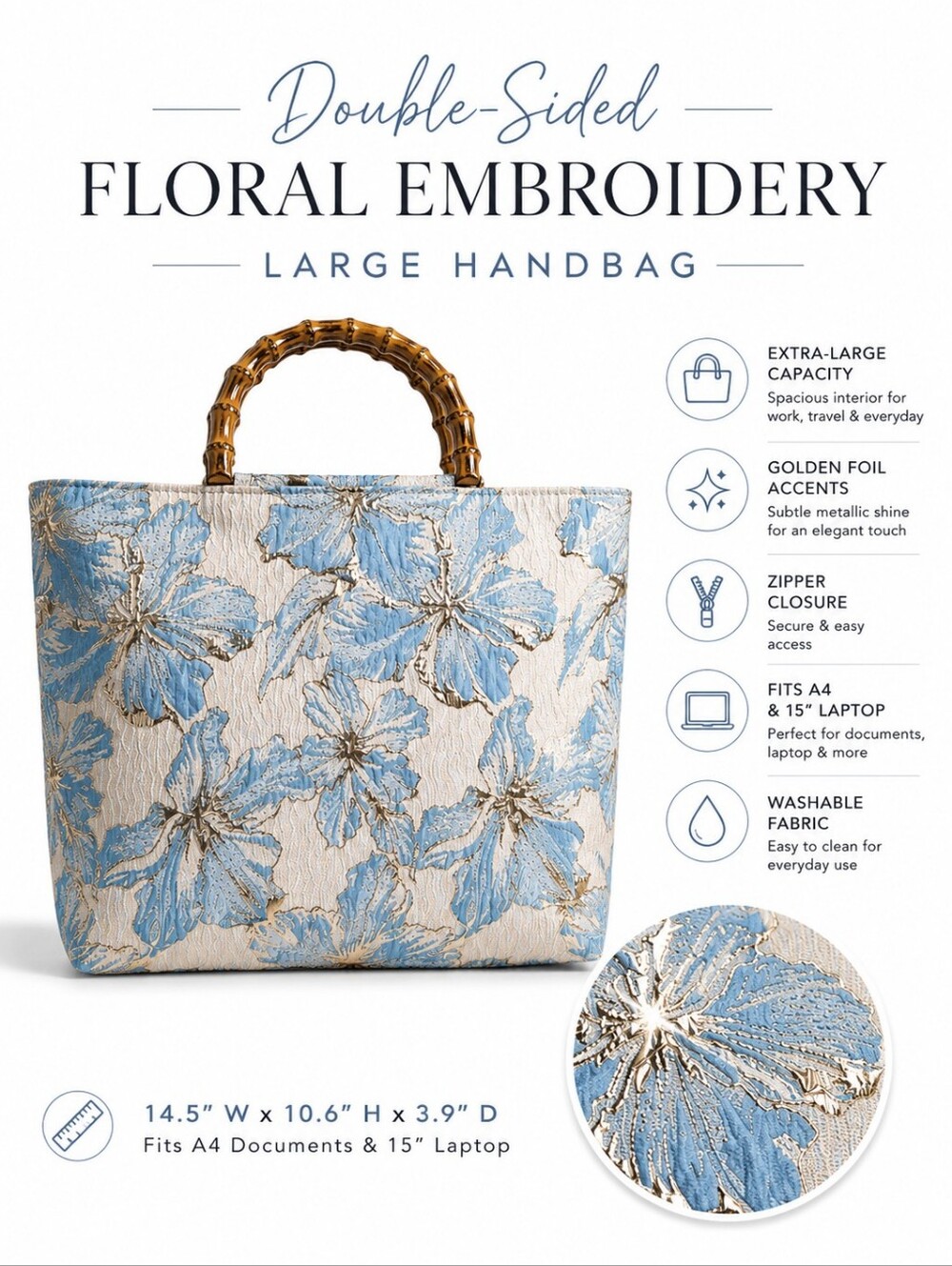 Double-Sided Blue Floral Embroidery Large Handbag | Bamboo Handle Tote | NWT